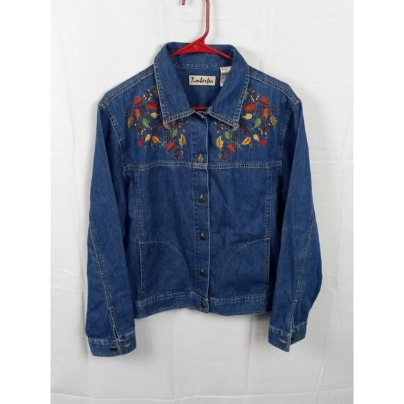Vintage Timberlea Blue Denim Button Up Shirt Jacket Embroidered Leafs SIZE L/G - Picture 1 of 12
